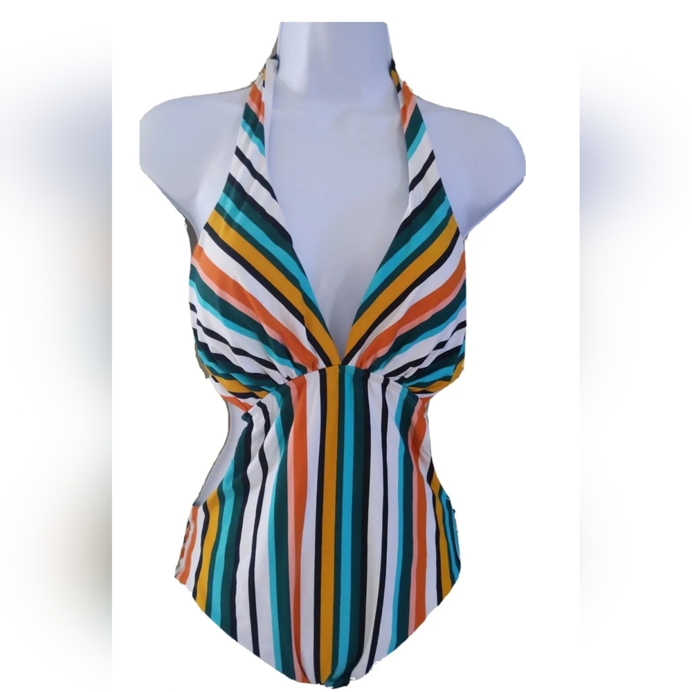 NWT Sunn Lab Swim, Womens MED One Piece Bathing Suit, Multicolored Stripes